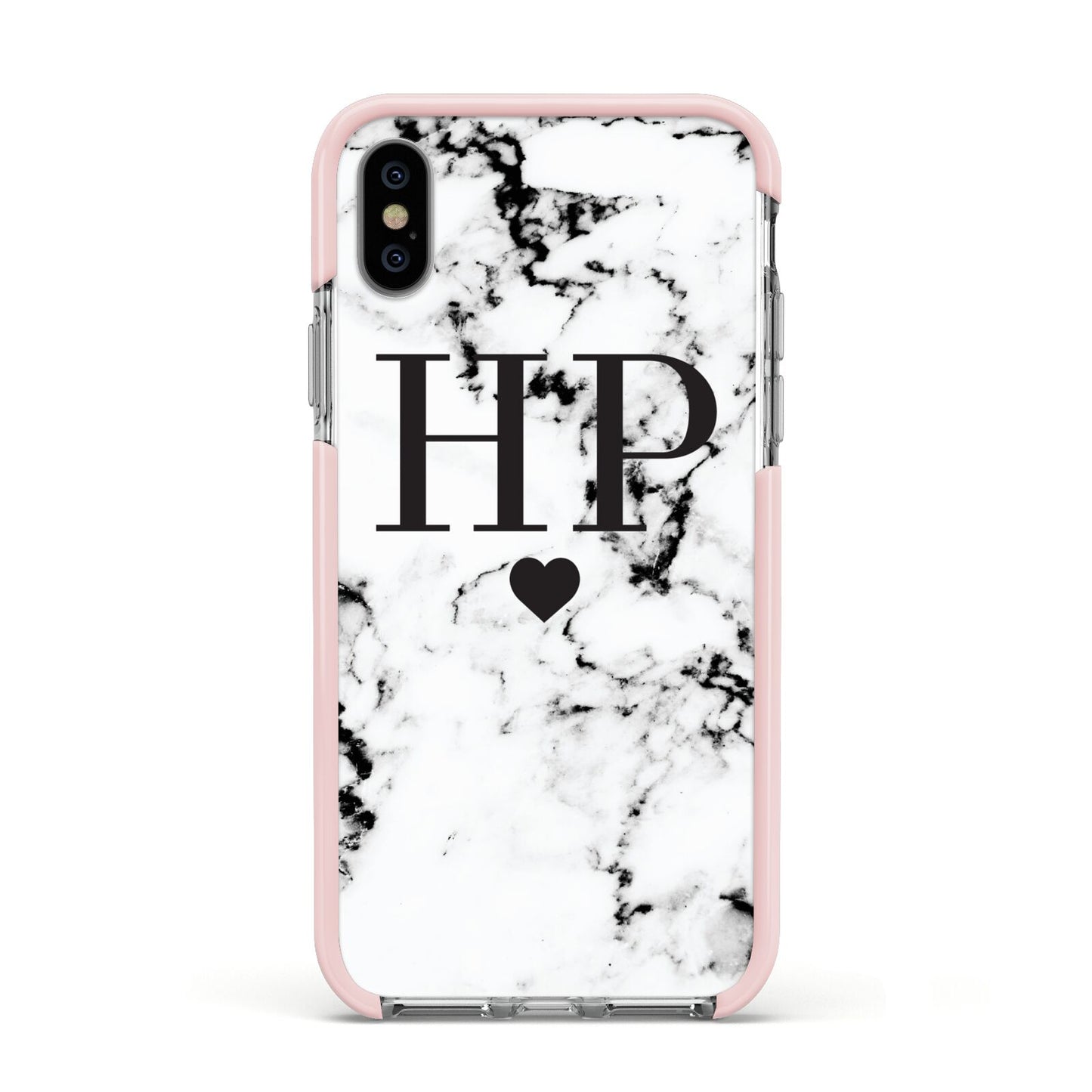 Heart Decal Marble Initials Personalised Apple iPhone Xs Impact Case Pink Edge on Silver Phone