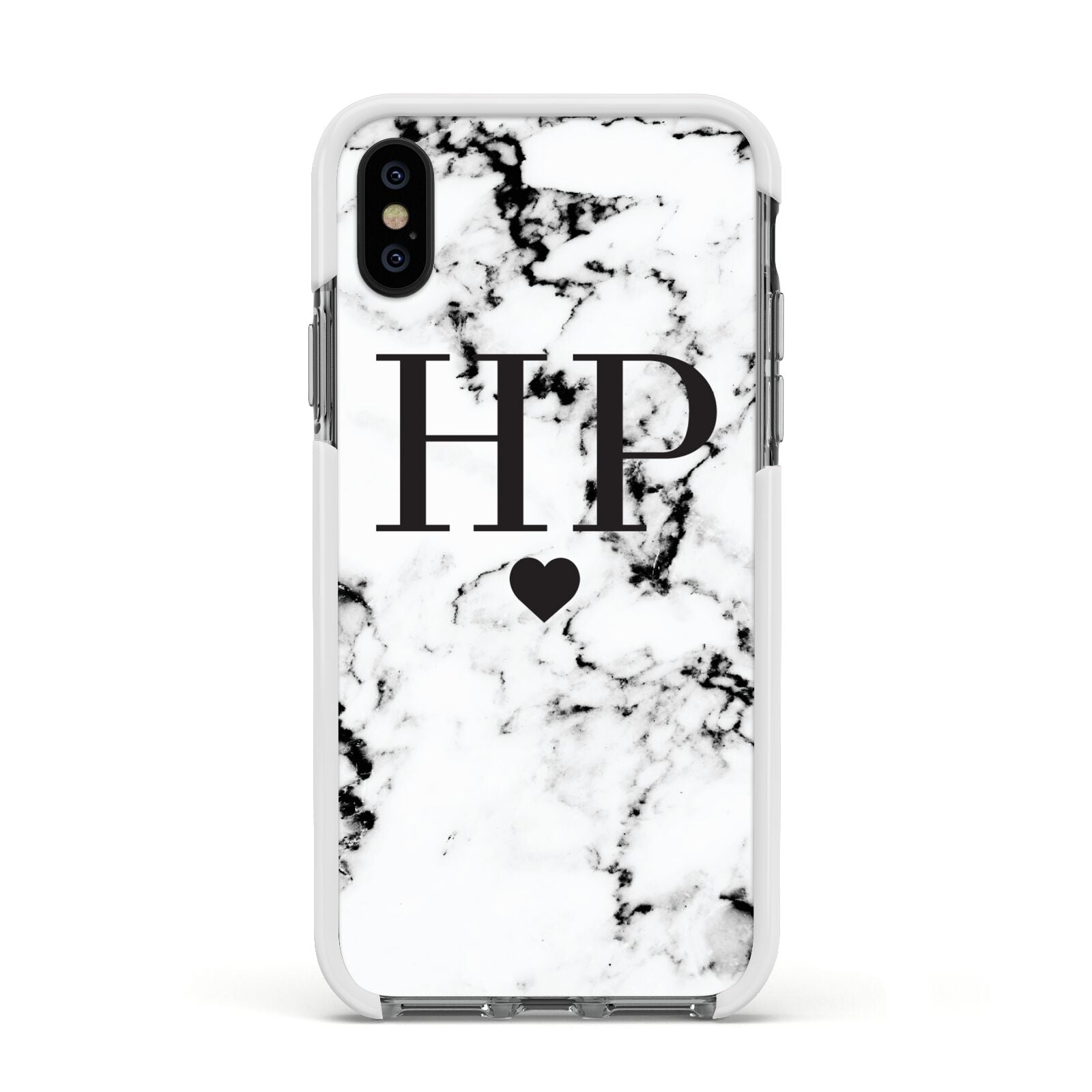 Heart Decal Marble Initials Personalised Apple iPhone Xs Impact Case White Edge on Black Phone