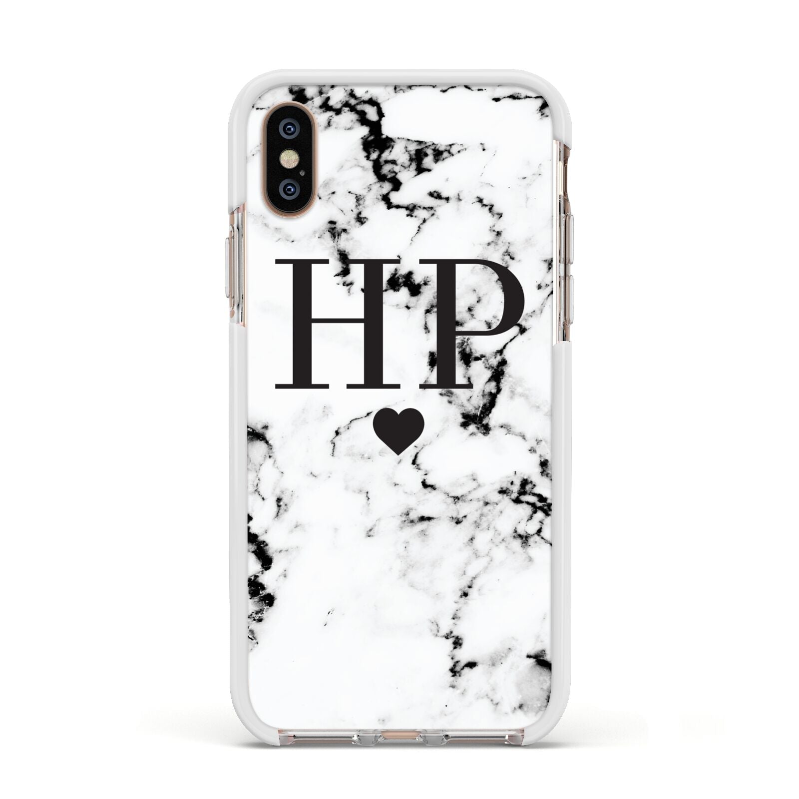 Heart Decal Marble Initials Personalised Apple iPhone Xs Impact Case White Edge on Gold Phone