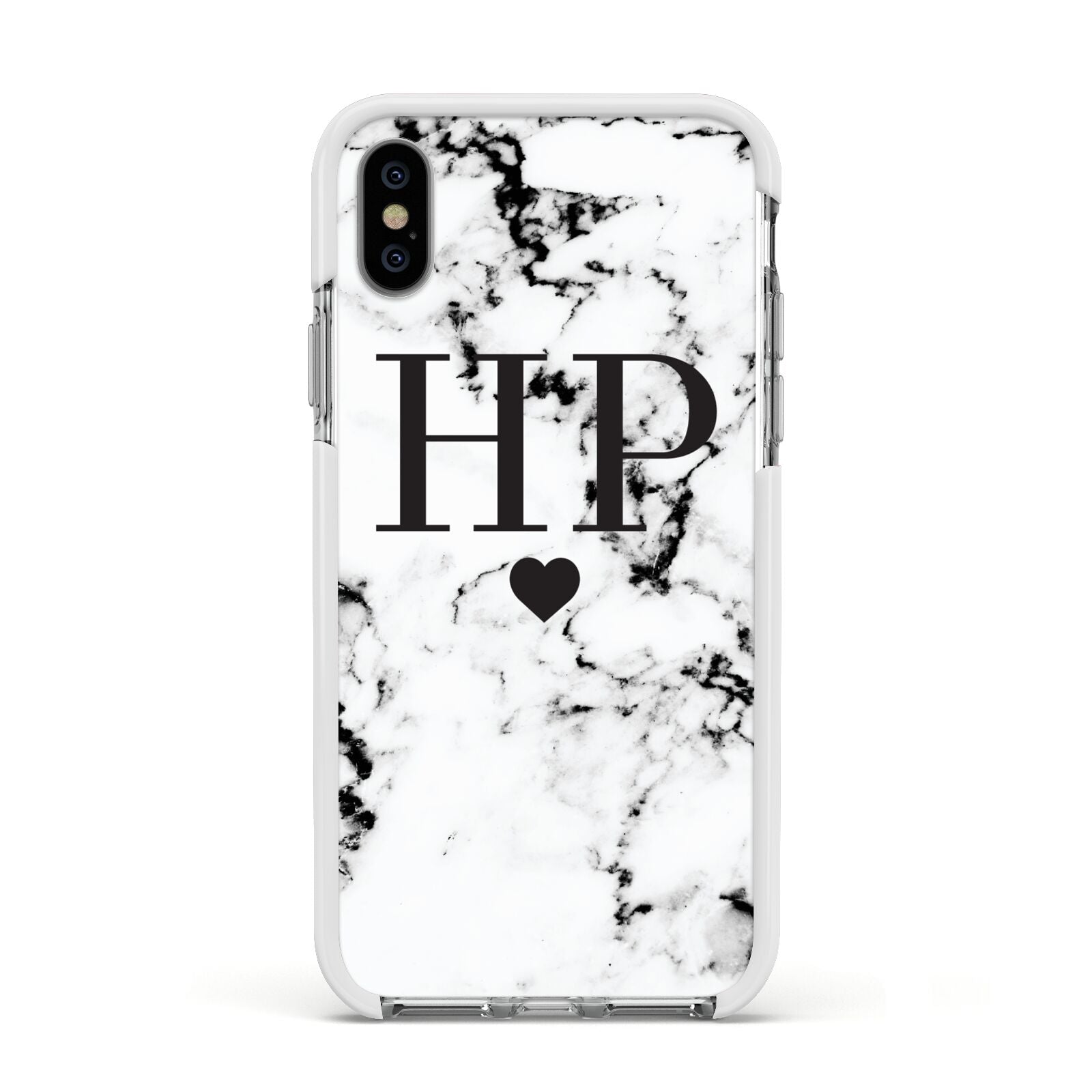 Heart Decal Marble Initials Personalised Apple iPhone Xs Impact Case White Edge on Silver Phone