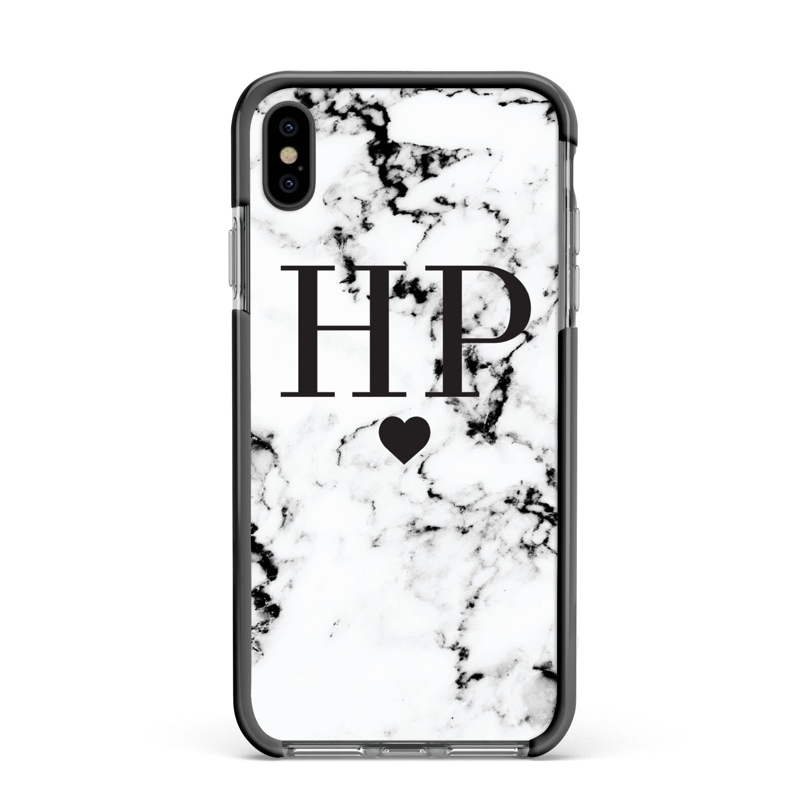 Heart Decal Marble Initials Personalised Apple iPhone Xs Max Impact Case Black Edge on Black Phone