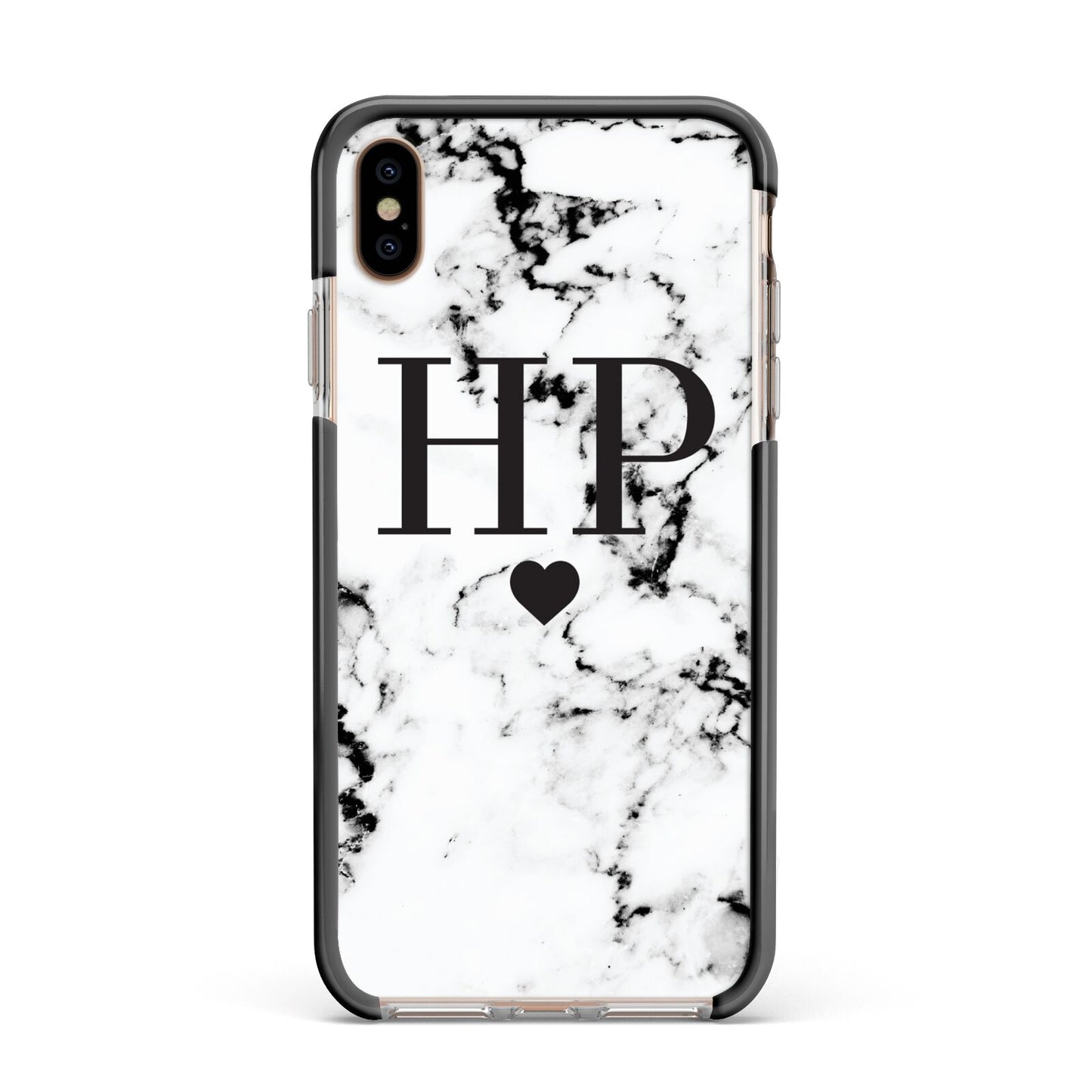 Heart Decal Marble Initials Personalised Apple iPhone Xs Max Impact Case Black Edge on Gold Phone