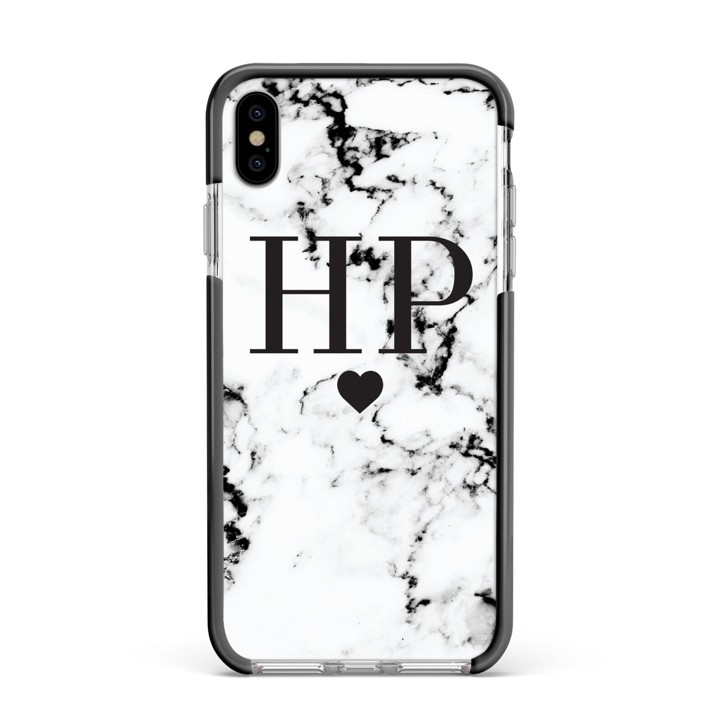 Heart Decal Marble Initials Personalised Apple iPhone Xs Max Impact Case Black Edge on Silver Phone