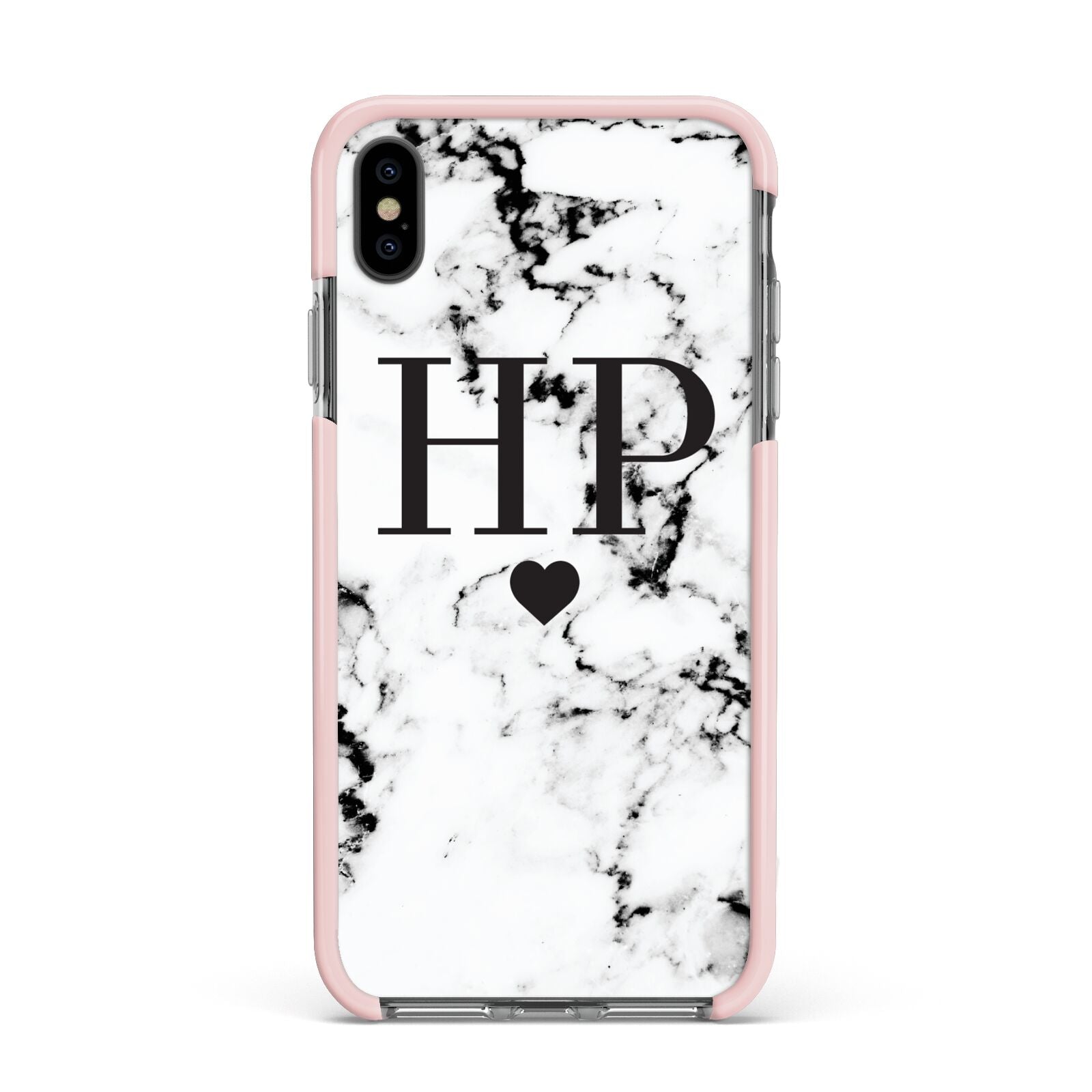 Heart Decal Marble Initials Personalised Apple iPhone Xs Max Impact Case Pink Edge on Black Phone