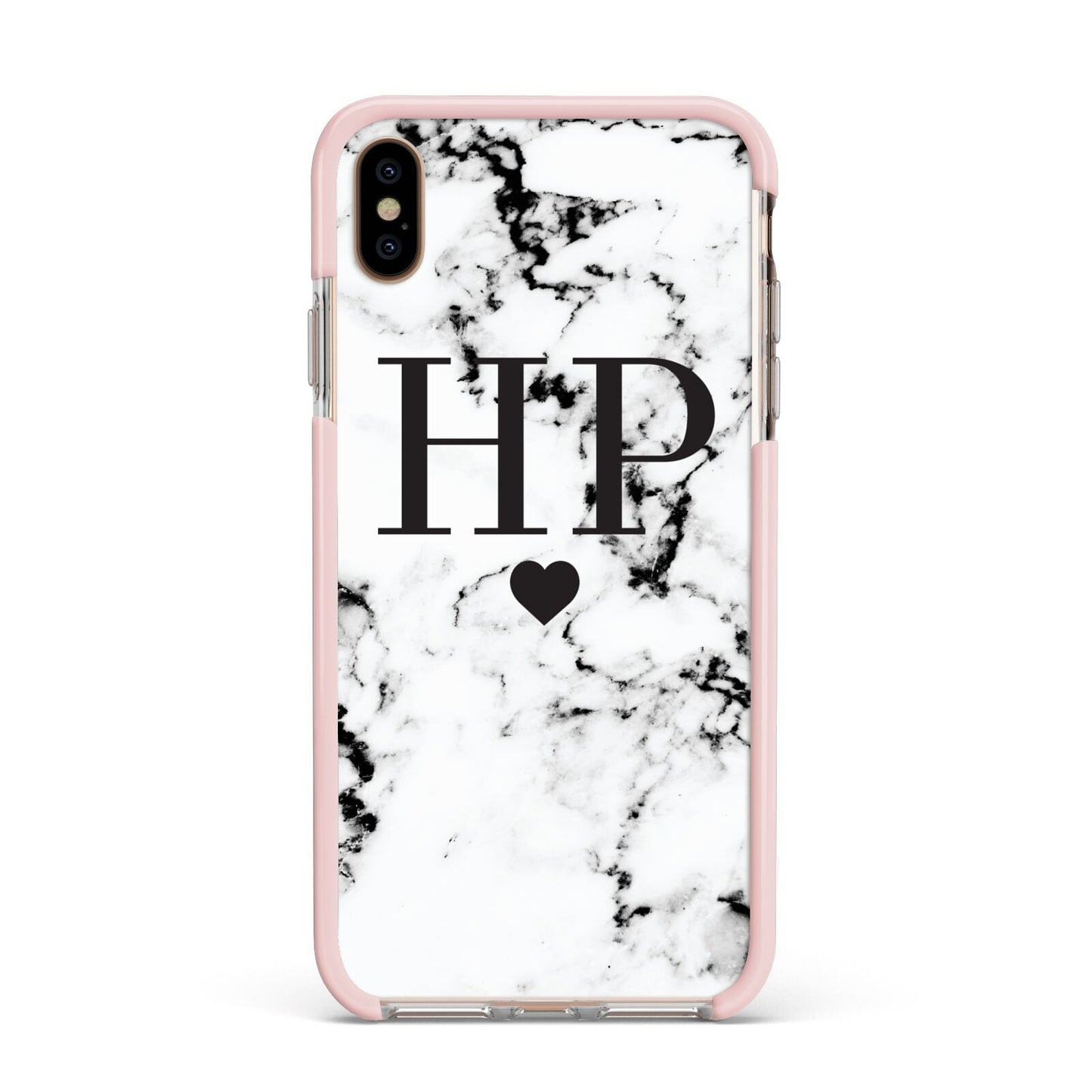 Heart Decal Marble Initials Personalised Apple iPhone Xs Max Impact Case Pink Edge on Gold Phone