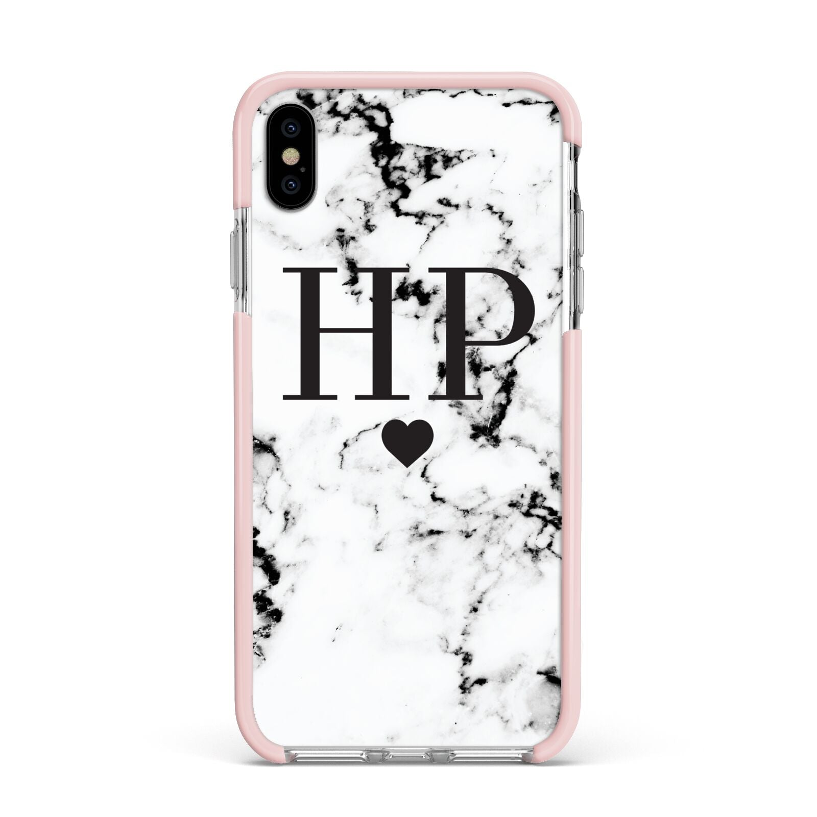 Heart Decal Marble Initials Personalised Apple iPhone Xs Max Impact Case Pink Edge on Silver Phone
