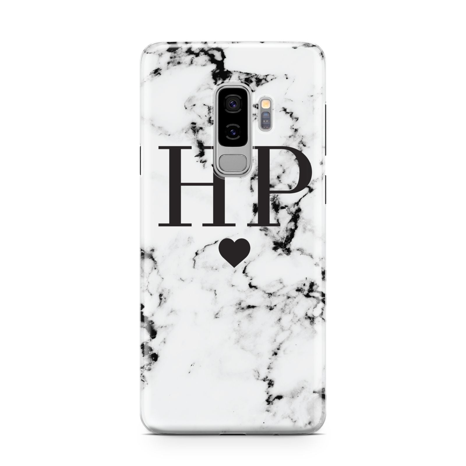 Heart Decal Marble Initials Personalised Samsung Galaxy S9 Plus Case on Silver phone