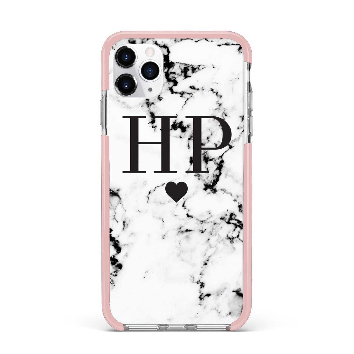 Heart Decal Marble Initials Personalised iPhone 11 Pro Max Impact Pink Edge Case
