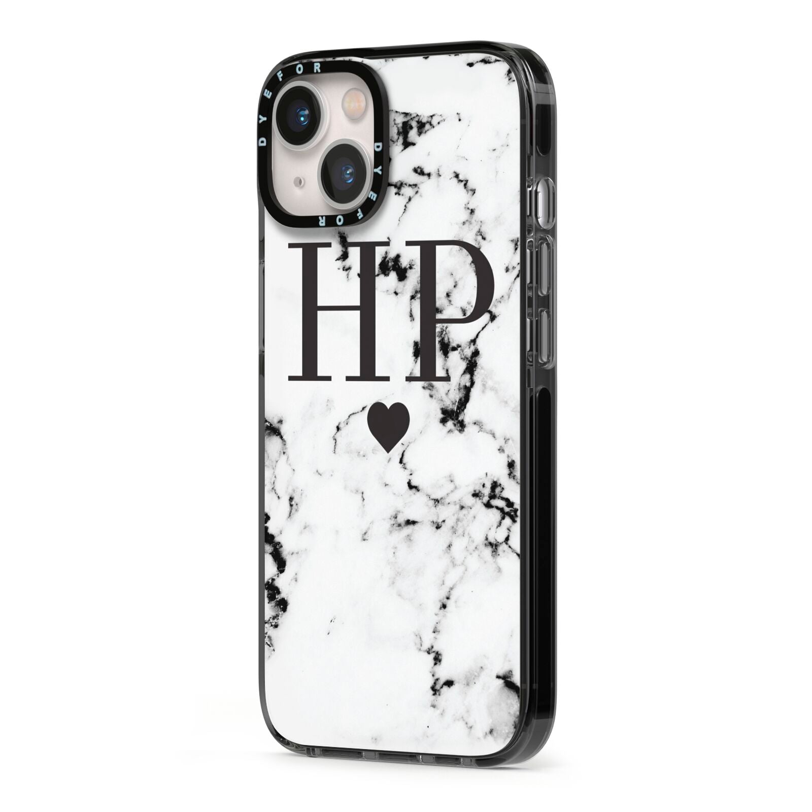 Heart Decal Marble Initials Personalised iPhone 13 Black Impact Case Side Angle on Silver phone