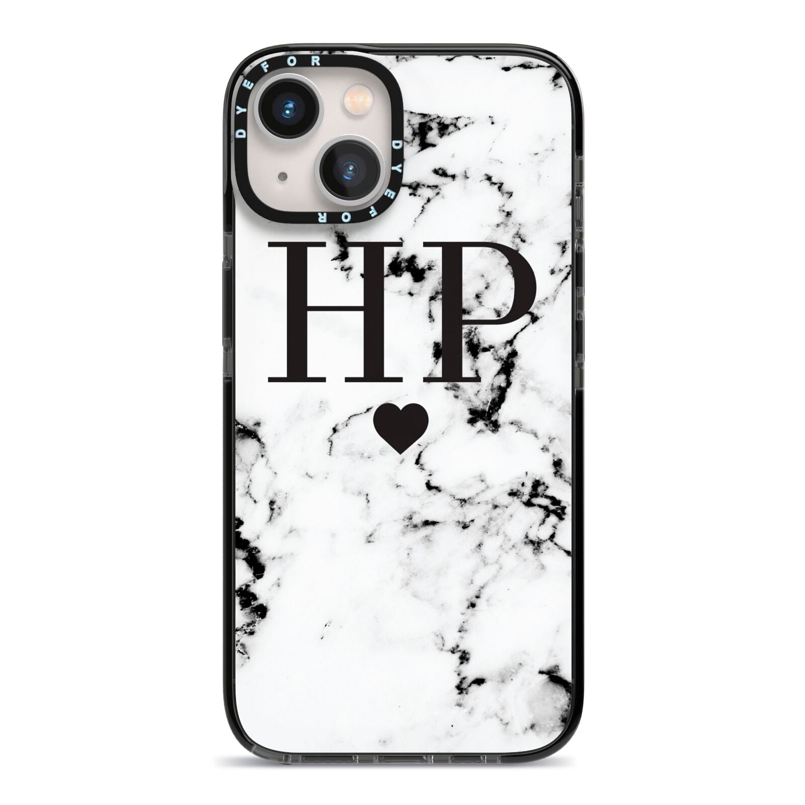 Heart Decal Marble Initials Personalised iPhone 13 Black Impact Case on Silver phone