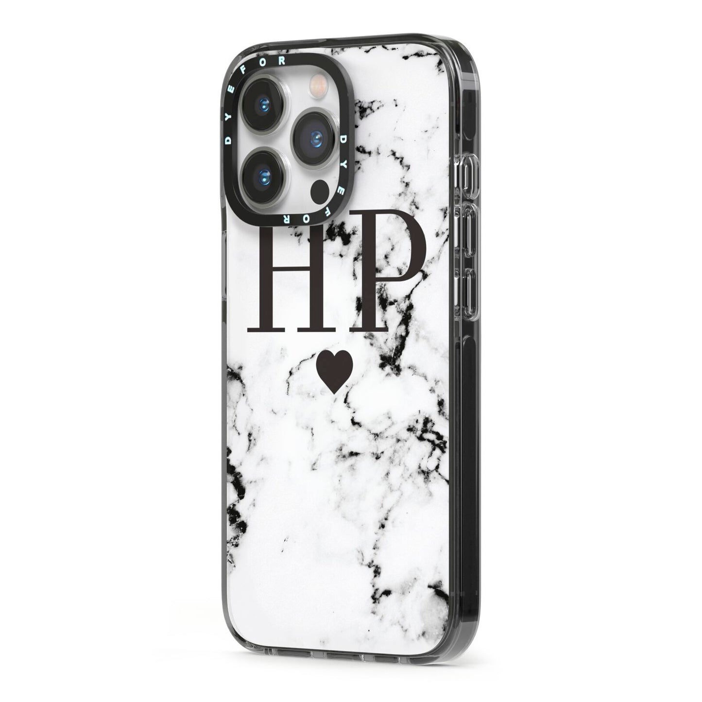 Heart Decal Marble Initials Personalised iPhone 13 Pro Black Impact Case Side Angle on Silver phone