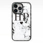 Heart Decal Marble Initials Personalised iPhone 13 Pro Black Impact Case on Silver phone