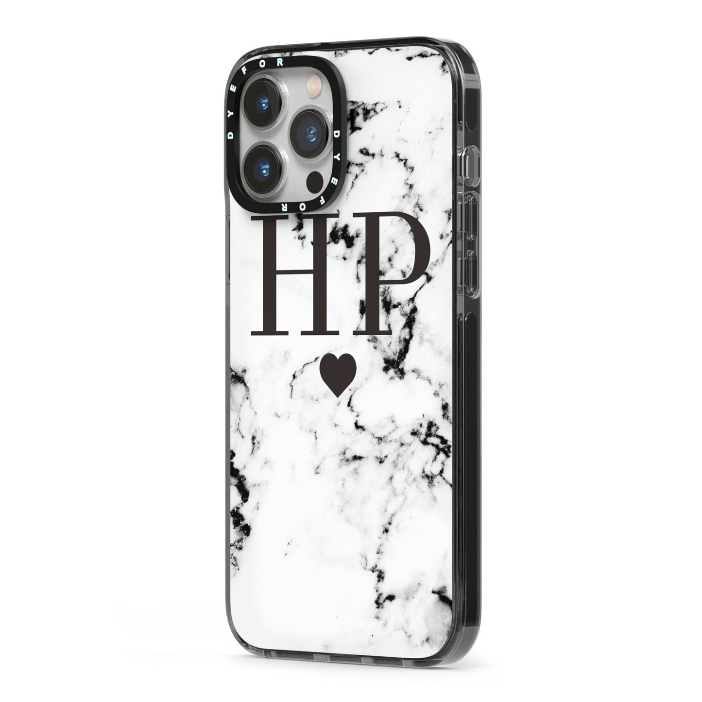 Heart Decal Marble Initials Personalised iPhone 13 Pro Max Black Impact Case Side Angle on Silver phone