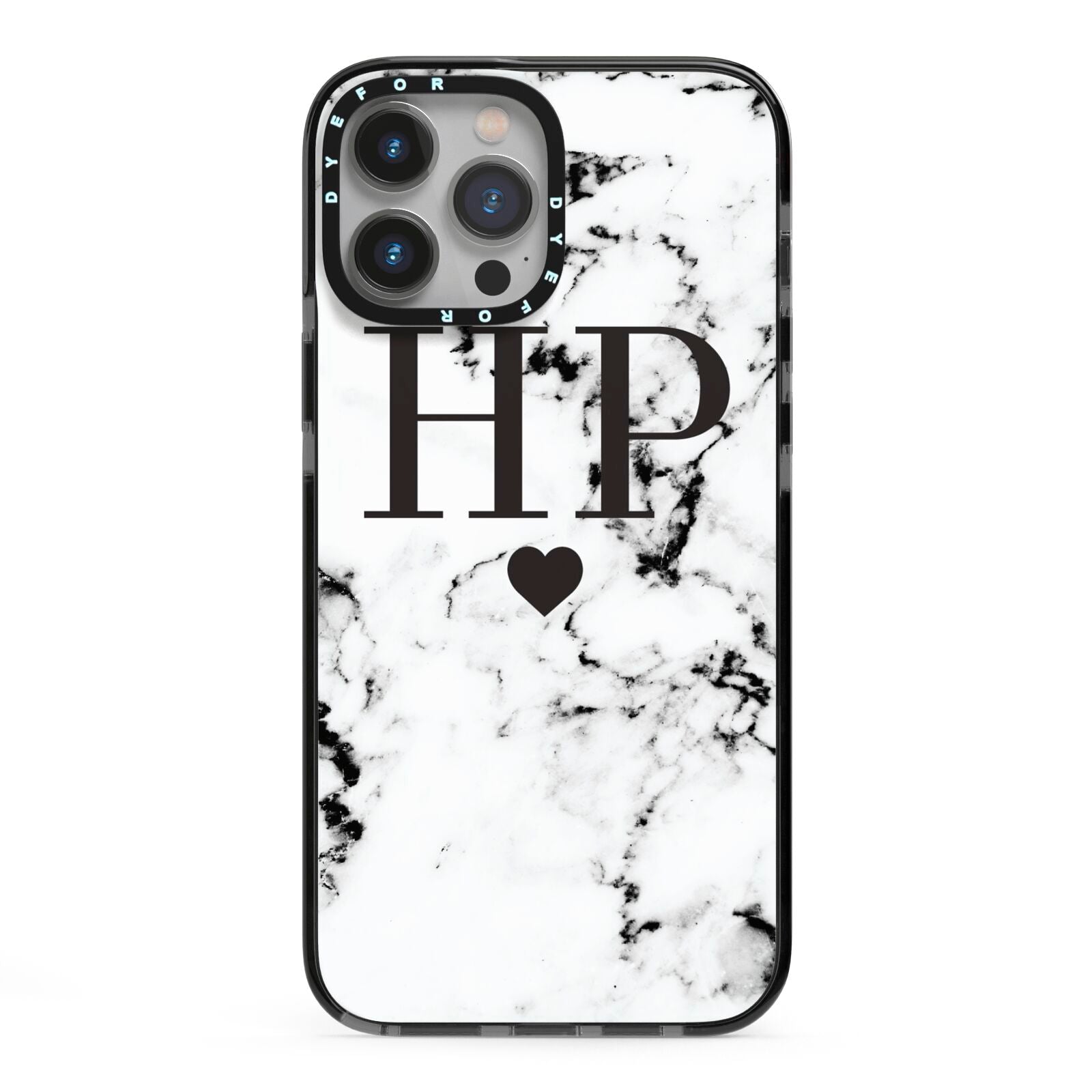 Heart Decal Marble Initials Personalised iPhone 13 Pro Max Black Impact Case on Silver phone