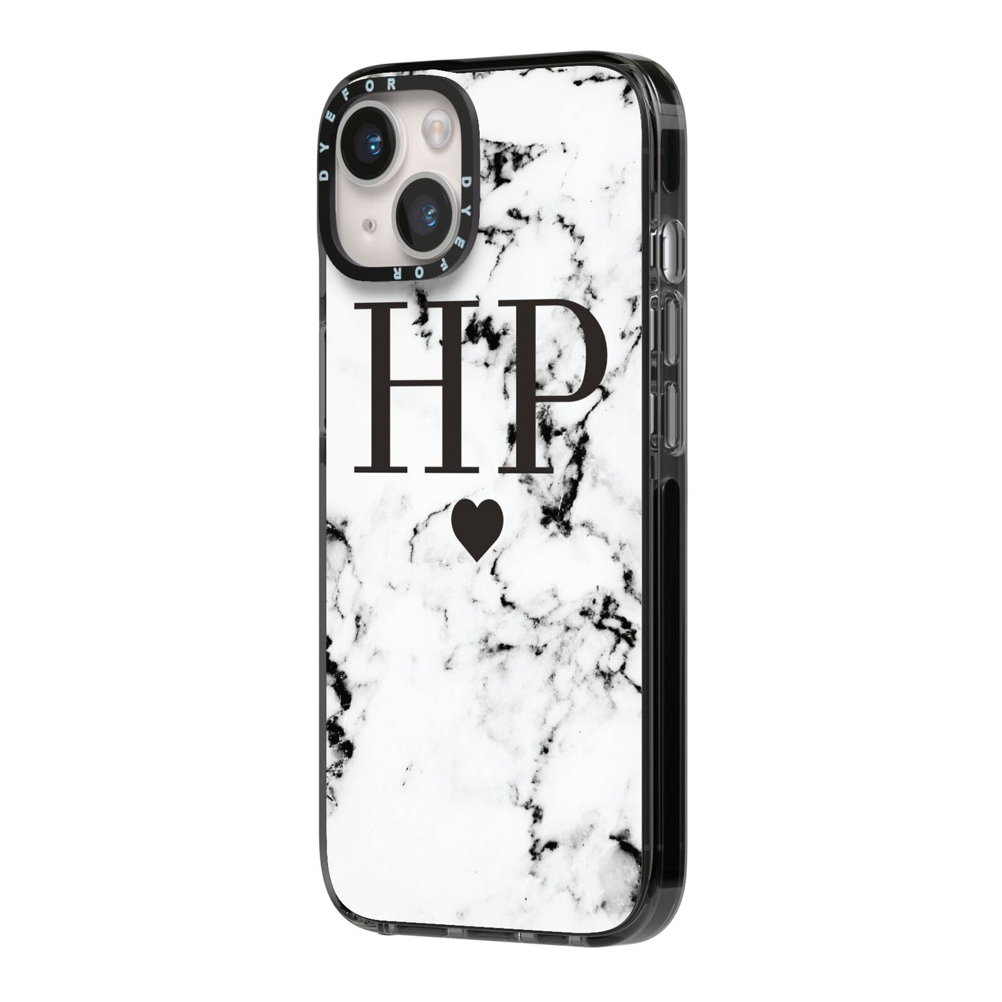 Heart Decal Marble Initials Personalised iPhone 14 Black Impact Case Side Angle on Silver phone