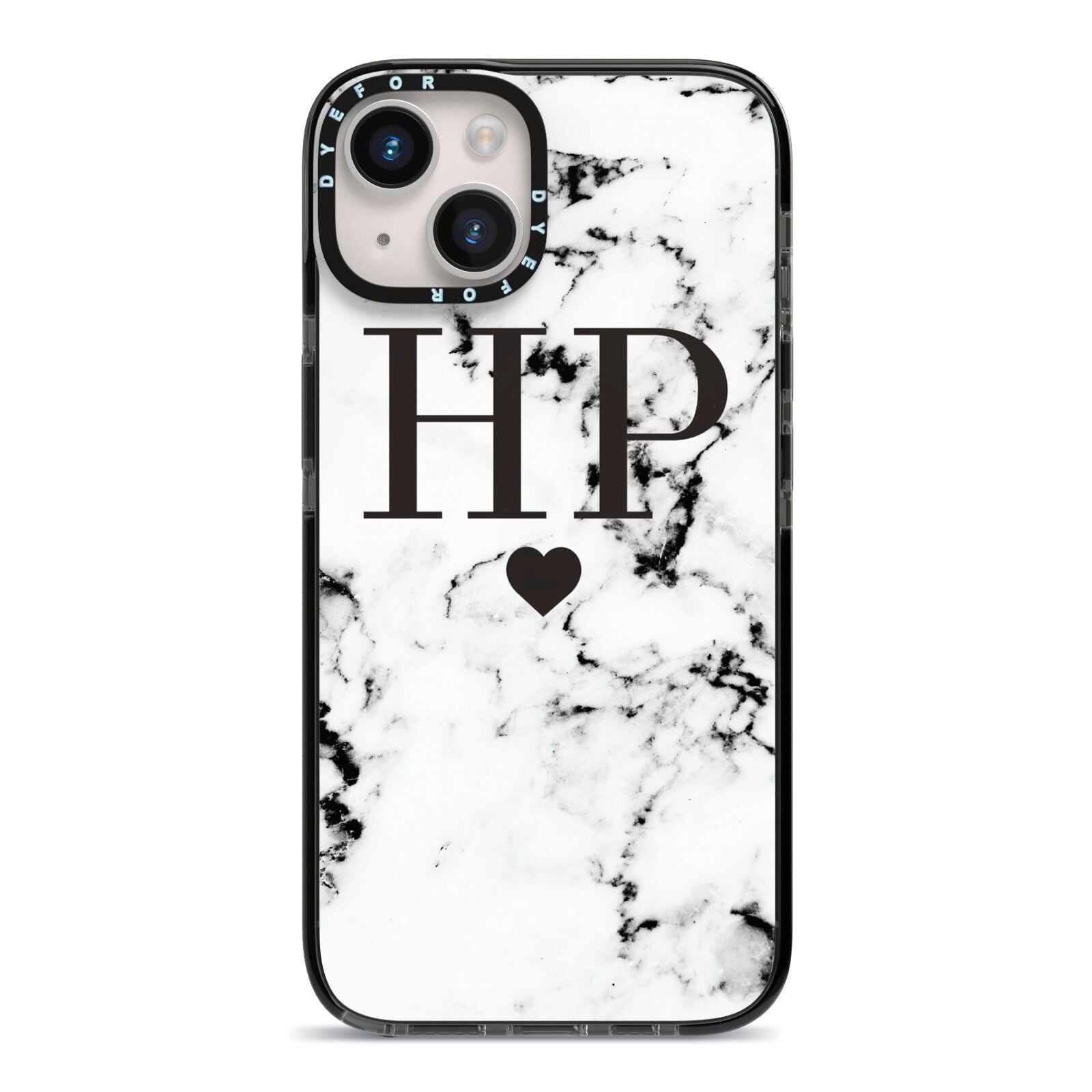 Heart Decal Marble Initials Personalised iPhone 14 Black Impact Case on Silver phone
