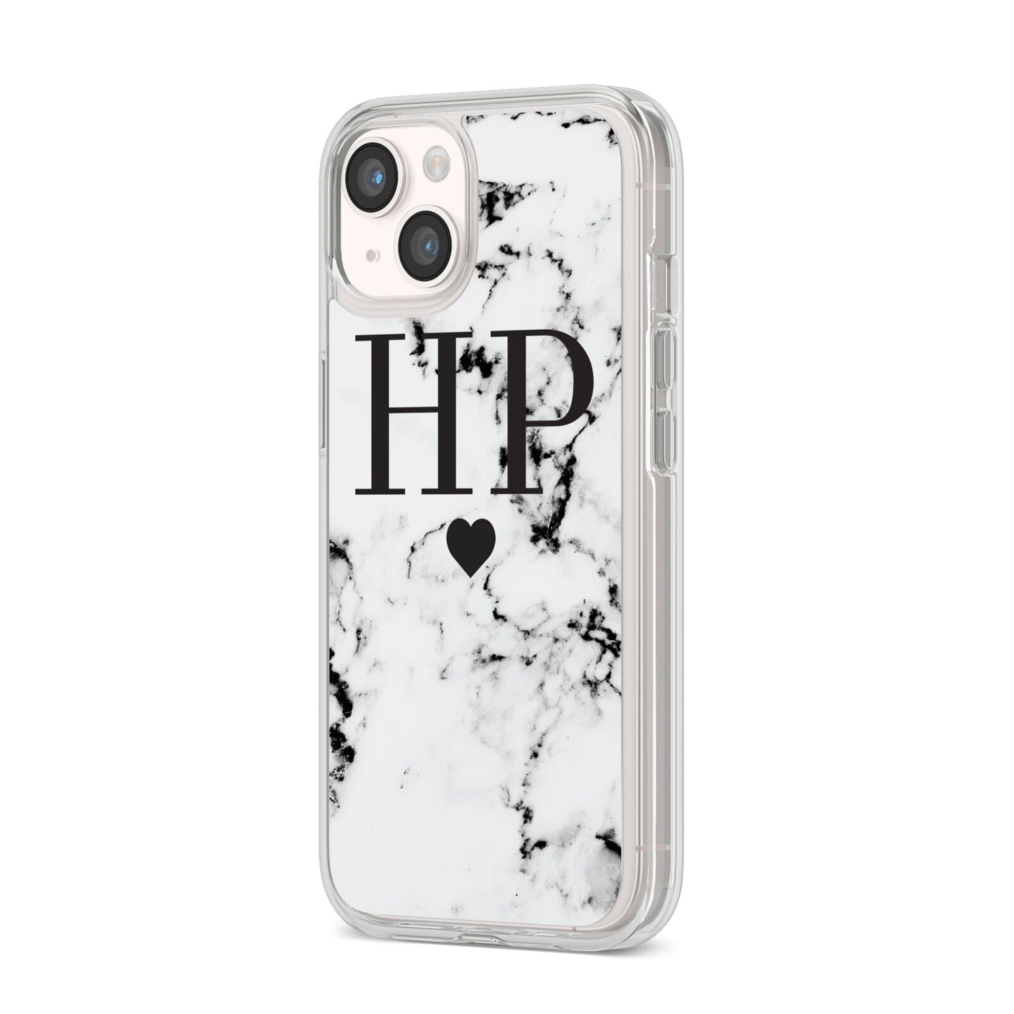 Heart Decal Marble Initials Personalised iPhone 14 Clear Tough Case Starlight Angled Image