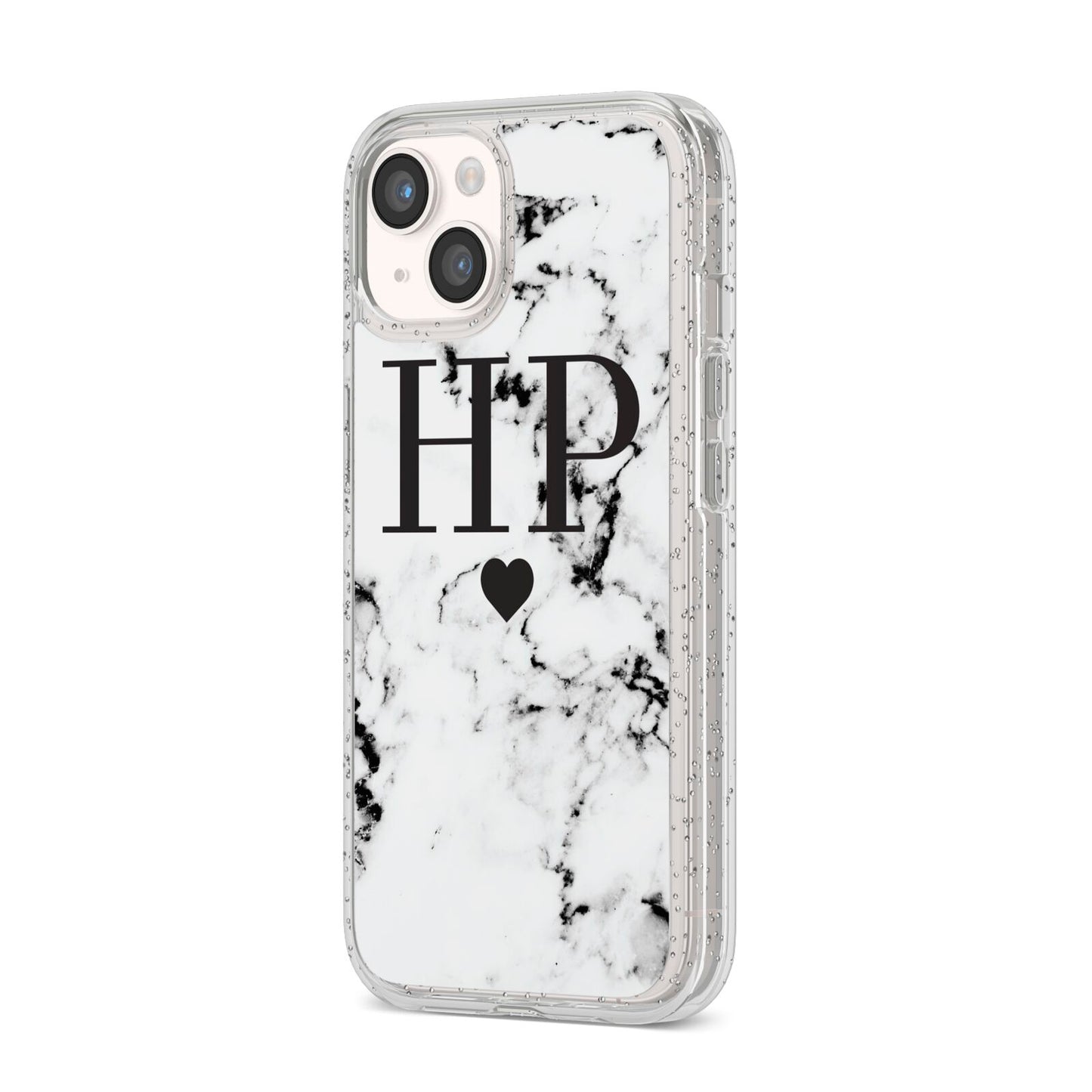 Heart Decal Marble Initials Personalised iPhone 14 Glitter Tough Case Starlight Angled Image
