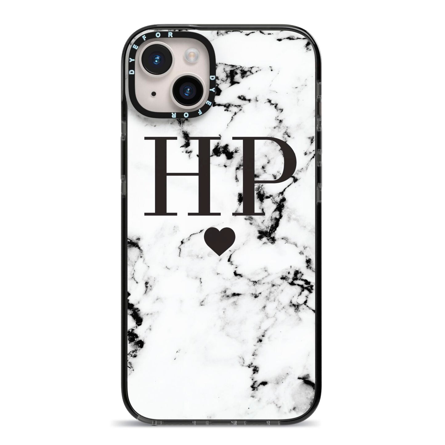 Heart Decal Marble Initials Personalised iPhone 14 Plus Black Impact Case on Silver phone