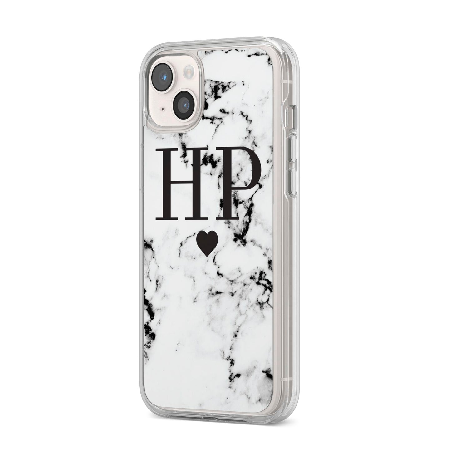 Heart Decal Marble Initials Personalised iPhone 14 Plus Clear Tough Case Starlight Angled Image