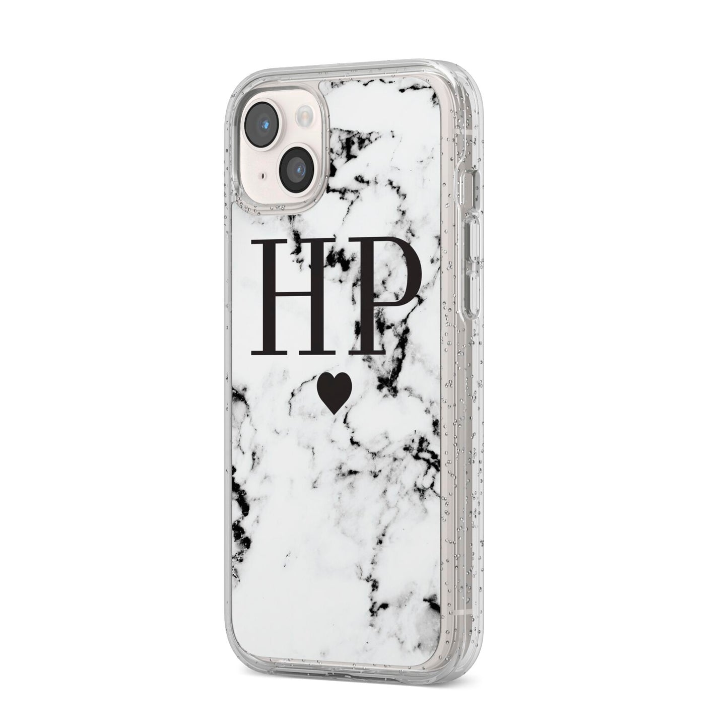 Heart Decal Marble Initials Personalised iPhone 14 Plus Glitter Tough Case Starlight Angled Image