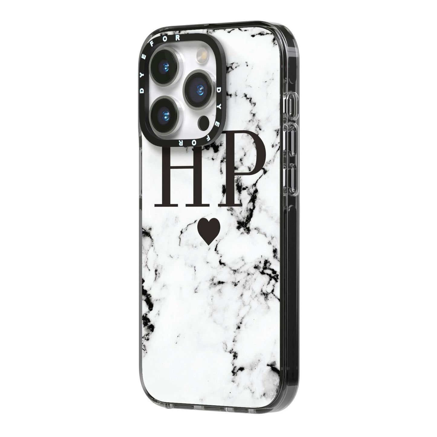 Heart Decal Marble Initials Personalised iPhone 14 Pro Black Impact Case Side Angle on Silver phone