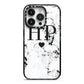 Heart Decal Marble Initials Personalised iPhone 14 Pro Black Impact Case on Silver phone