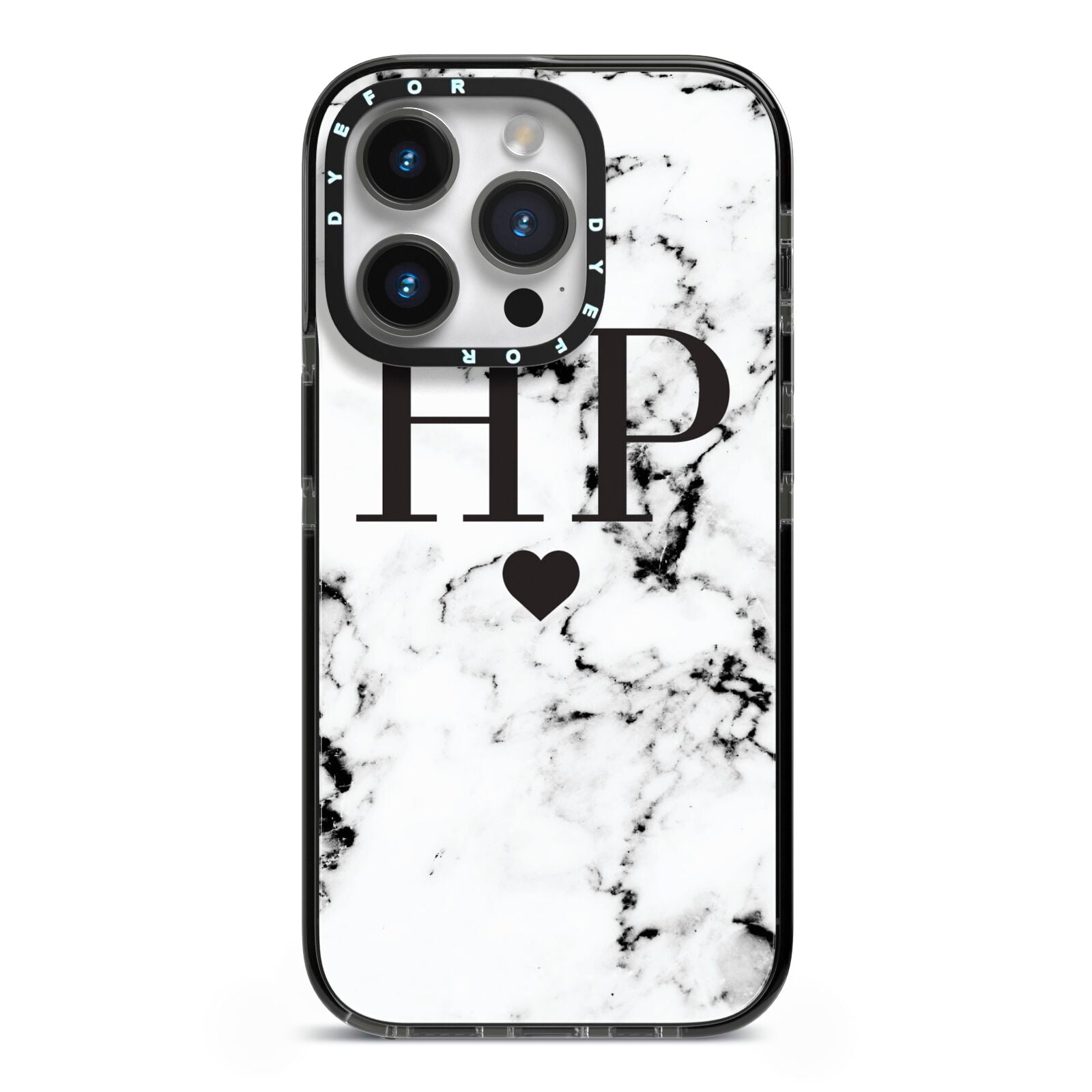 Heart Decal Marble Initials Personalised iPhone 14 Pro Black Impact Case on Silver phone