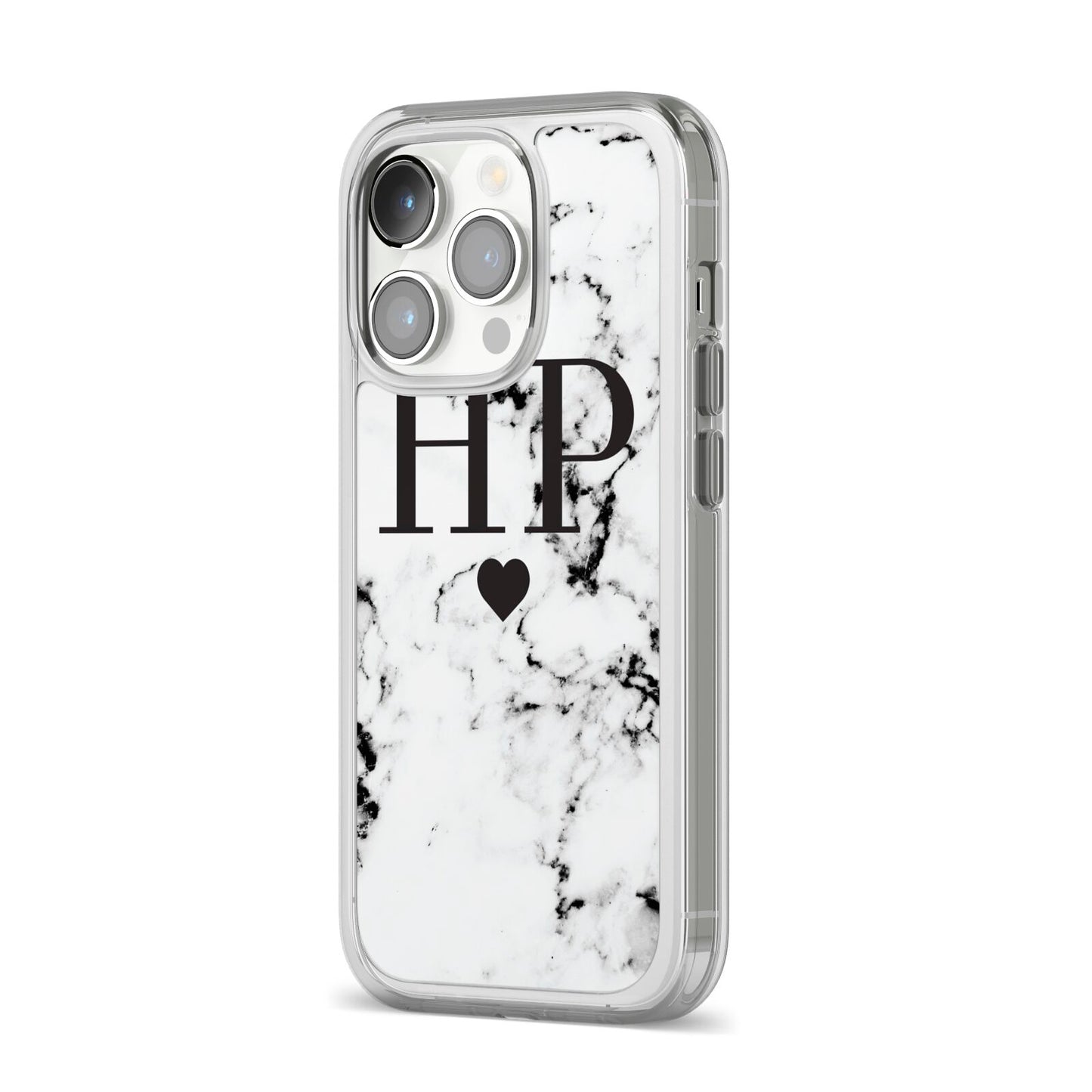 Heart Decal Marble Initials Personalised iPhone 14 Pro Clear Tough Case Silver Angled Image