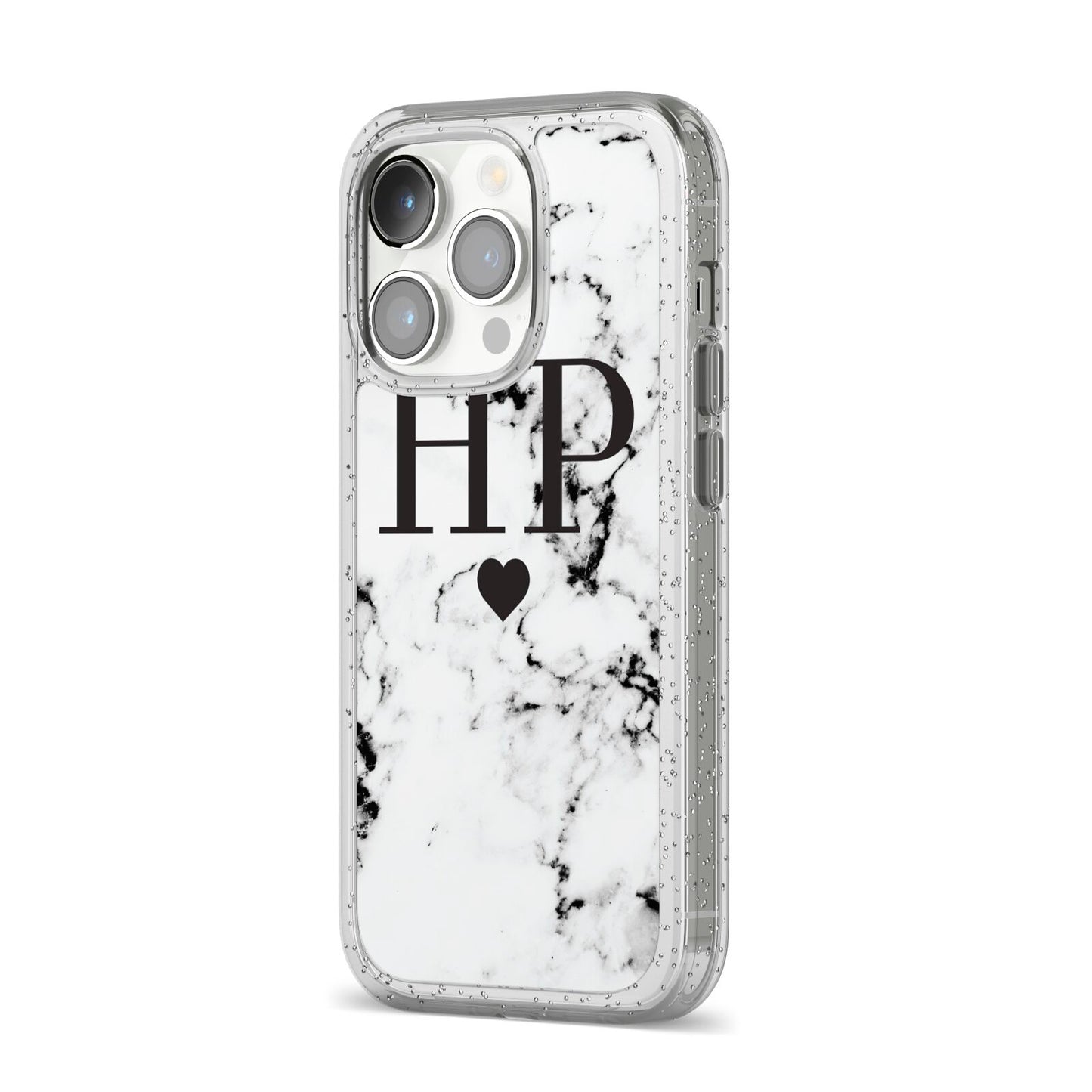 Heart Decal Marble Initials Personalised iPhone 14 Pro Glitter Tough Case Silver Angled Image