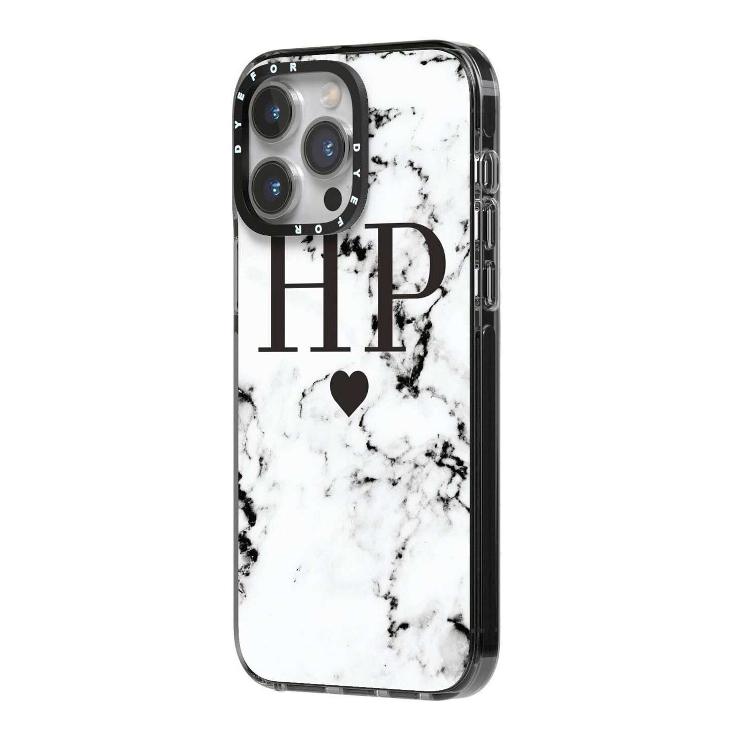 Heart Decal Marble Initials Personalised iPhone 14 Pro Max Black Impact Case Side Angle on Silver phone