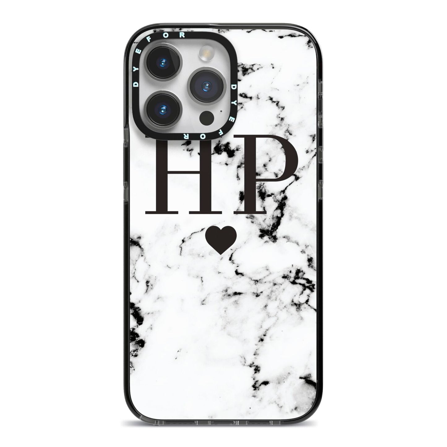 Heart Decal Marble Initials Personalised iPhone 14 Pro Max Black Impact Case on Silver phone