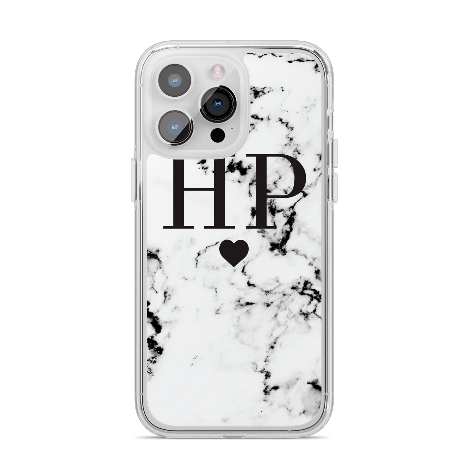 Heart Decal Marble Initials Personalised iPhone 14 Pro Max Clear Tough Case Silver