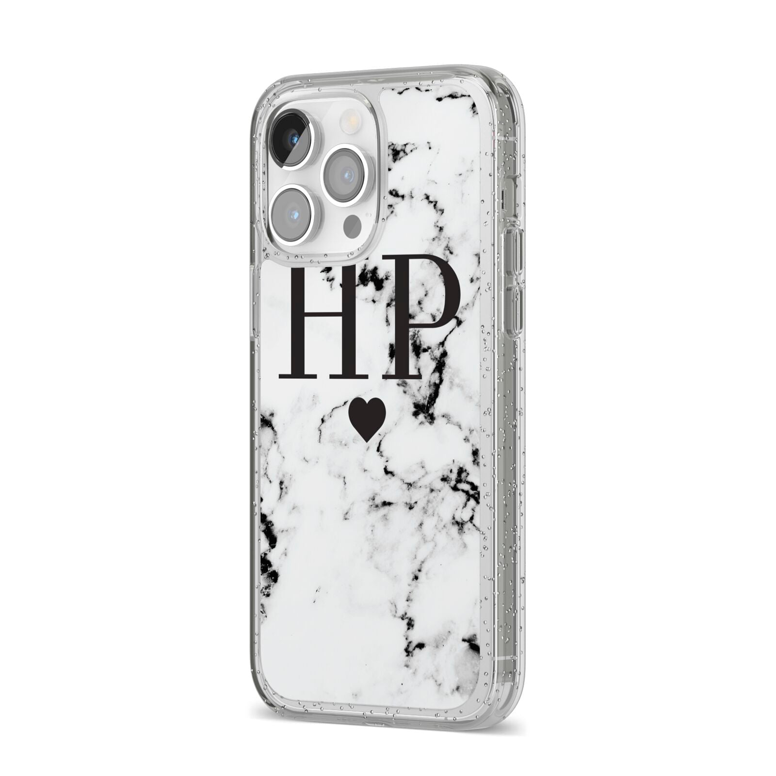 Heart Decal Marble Initials Personalised iPhone 14 Pro Max Glitter Tough Case Silver Angled Image