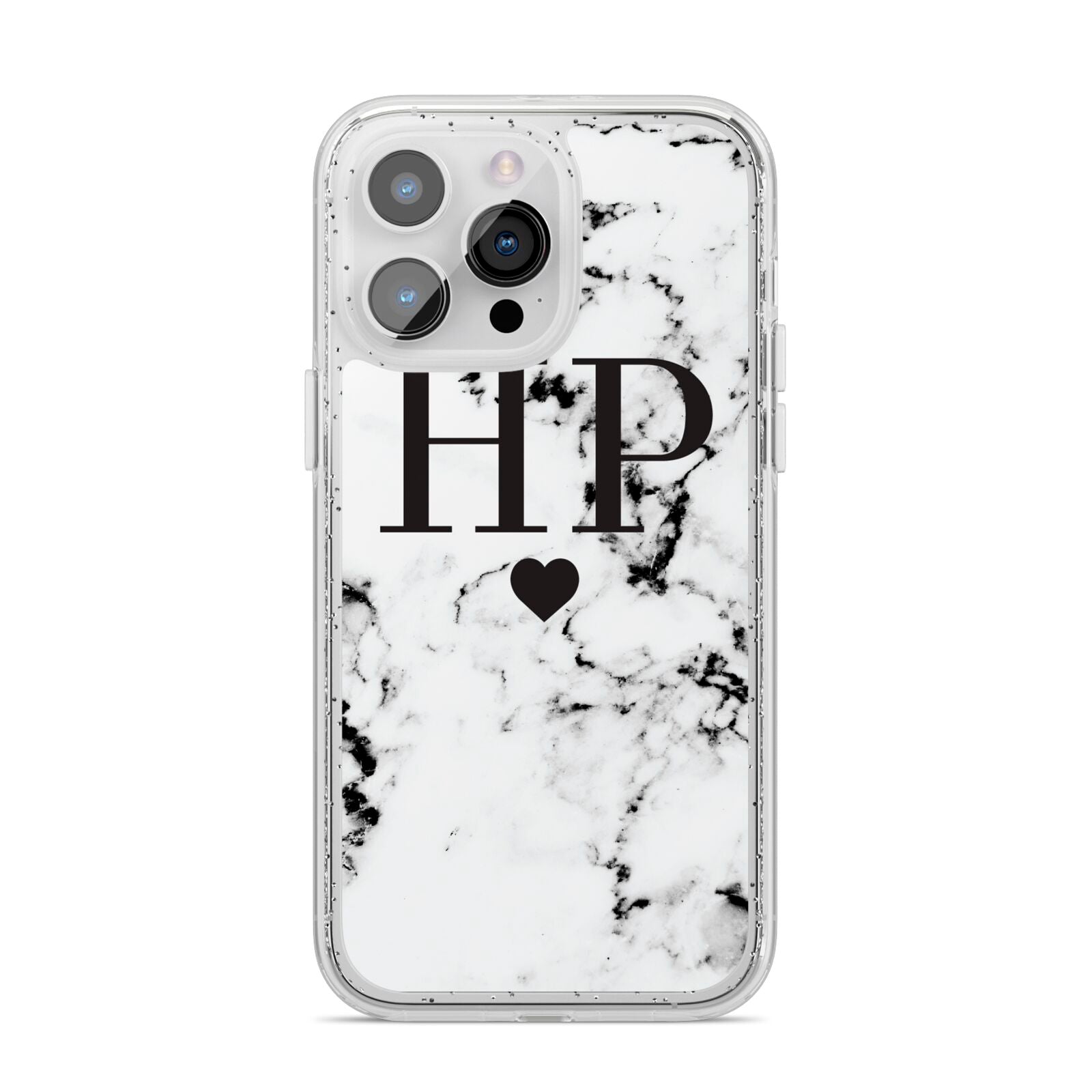 Heart Decal Marble Initials Personalised iPhone 14 Pro Max Glitter Tough Case Silver