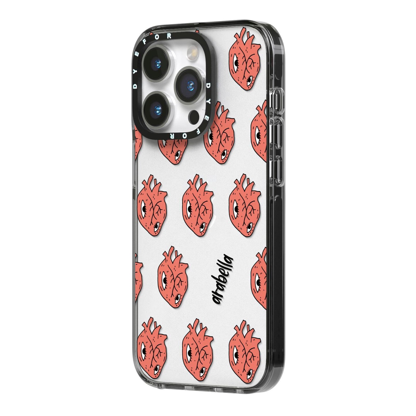 Heart Eyes Halloween Personalised iPhone 14 Pro Black Impact Case Side Angle on Silver phone