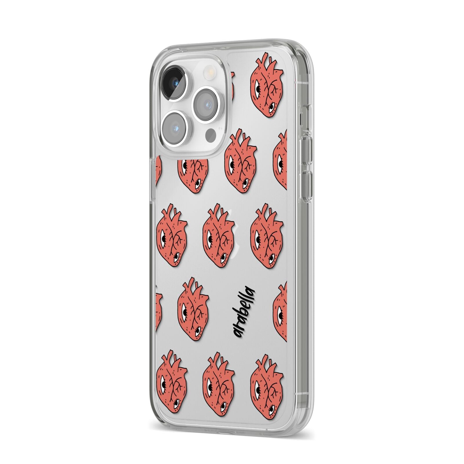 Heart Eyes Halloween Personalised iPhone 14 Pro Max Clear Tough Case Silver Angled Image