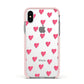 Heart Patterned Apple iPhone Xs Impact Case Pink Edge on Silver Phone