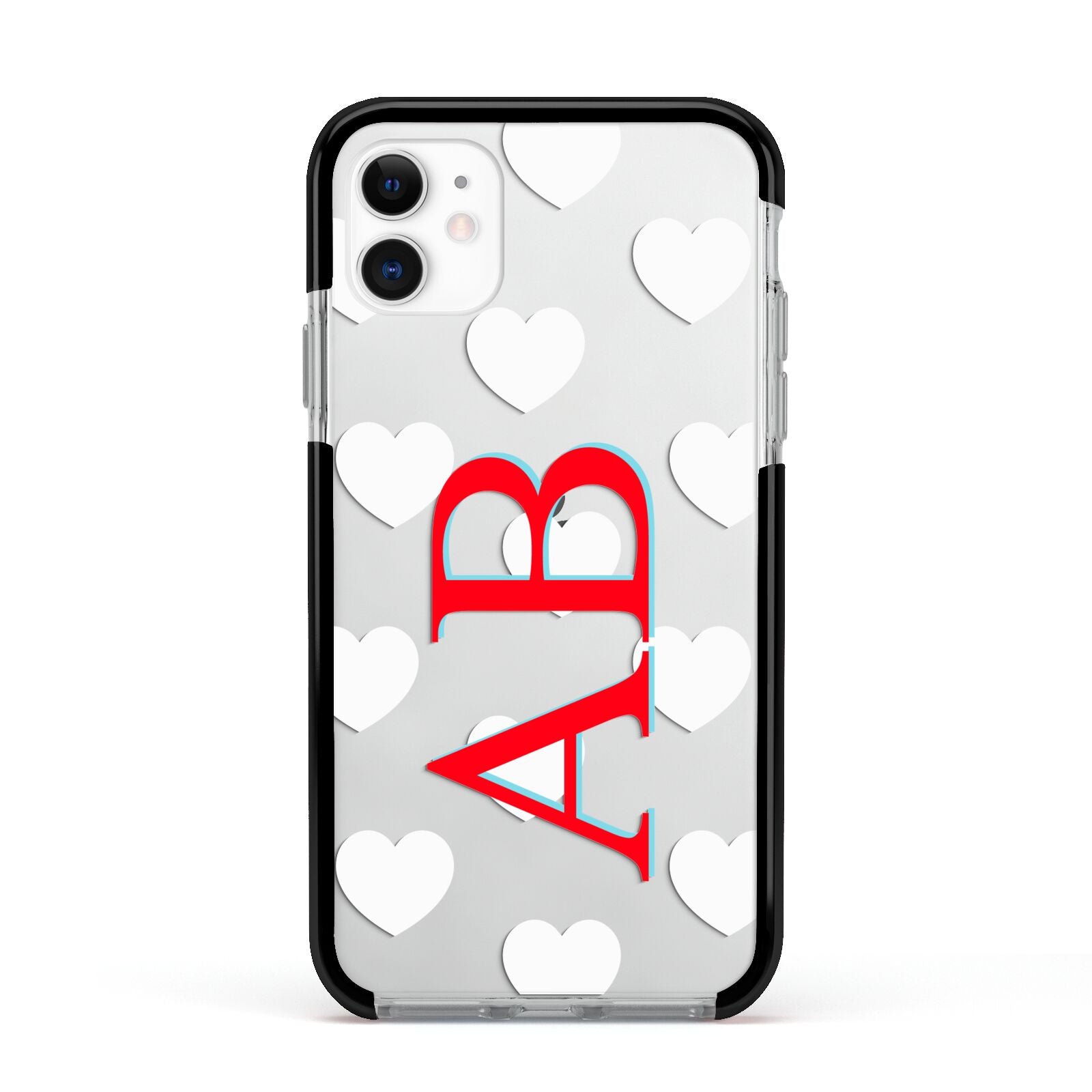 Heart Print Initials Apple iPhone 11 in White with Black Impact Case