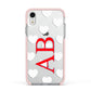 Heart Print Initials Apple iPhone XR Impact Case Pink Edge on Silver Phone