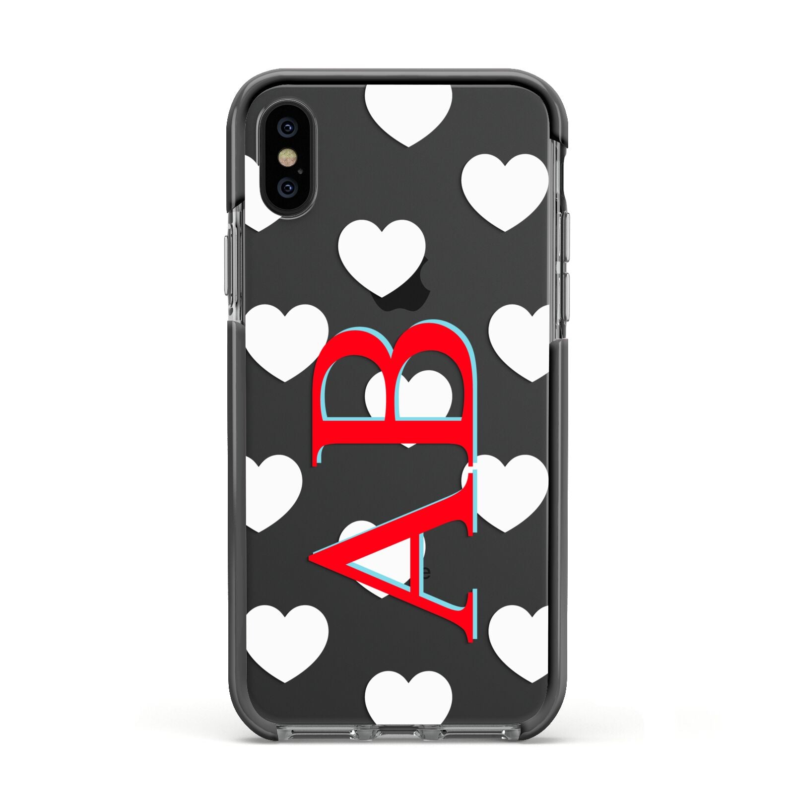 Heart Print Initials Apple iPhone Xs Impact Case Black Edge on Black Phone