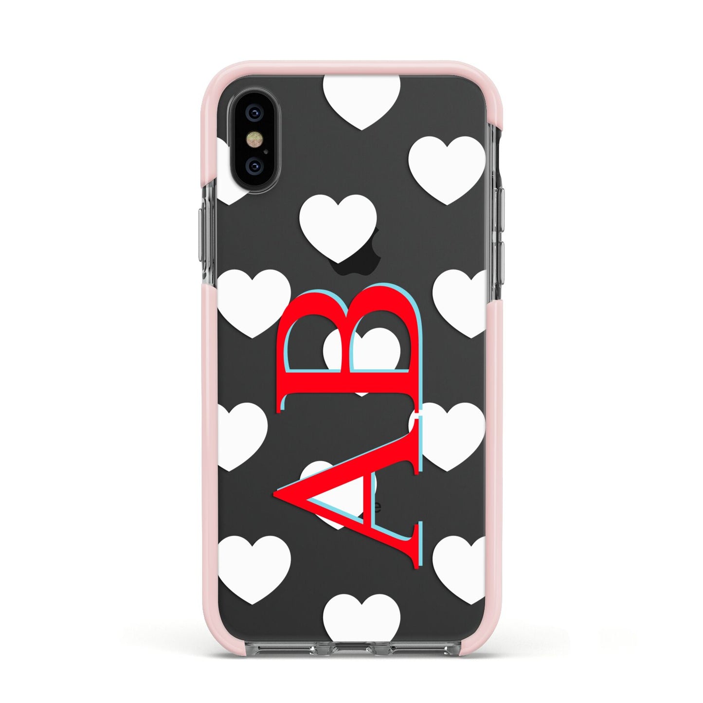 Heart Print Initials Apple iPhone Xs Impact Case Pink Edge on Black Phone
