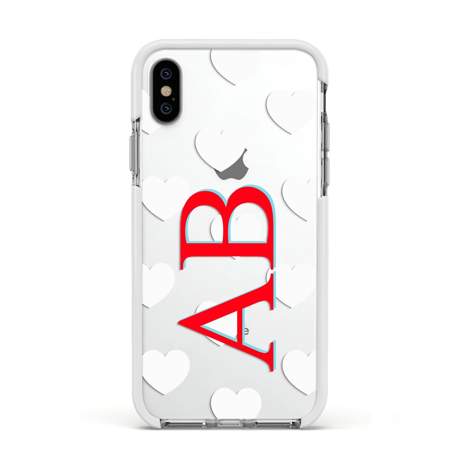 Heart Print Initials Apple iPhone Xs Impact Case White Edge on Silver Phone
