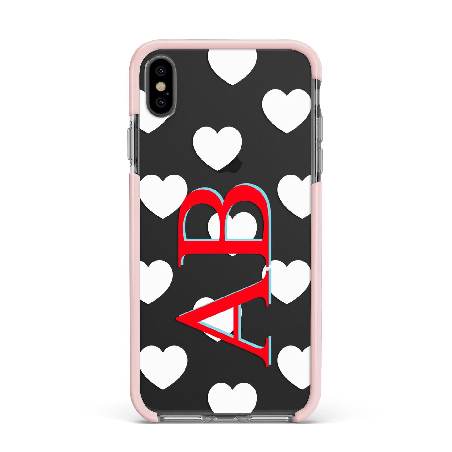 Heart Print Initials Apple iPhone Xs Max Impact Case Pink Edge on Black Phone