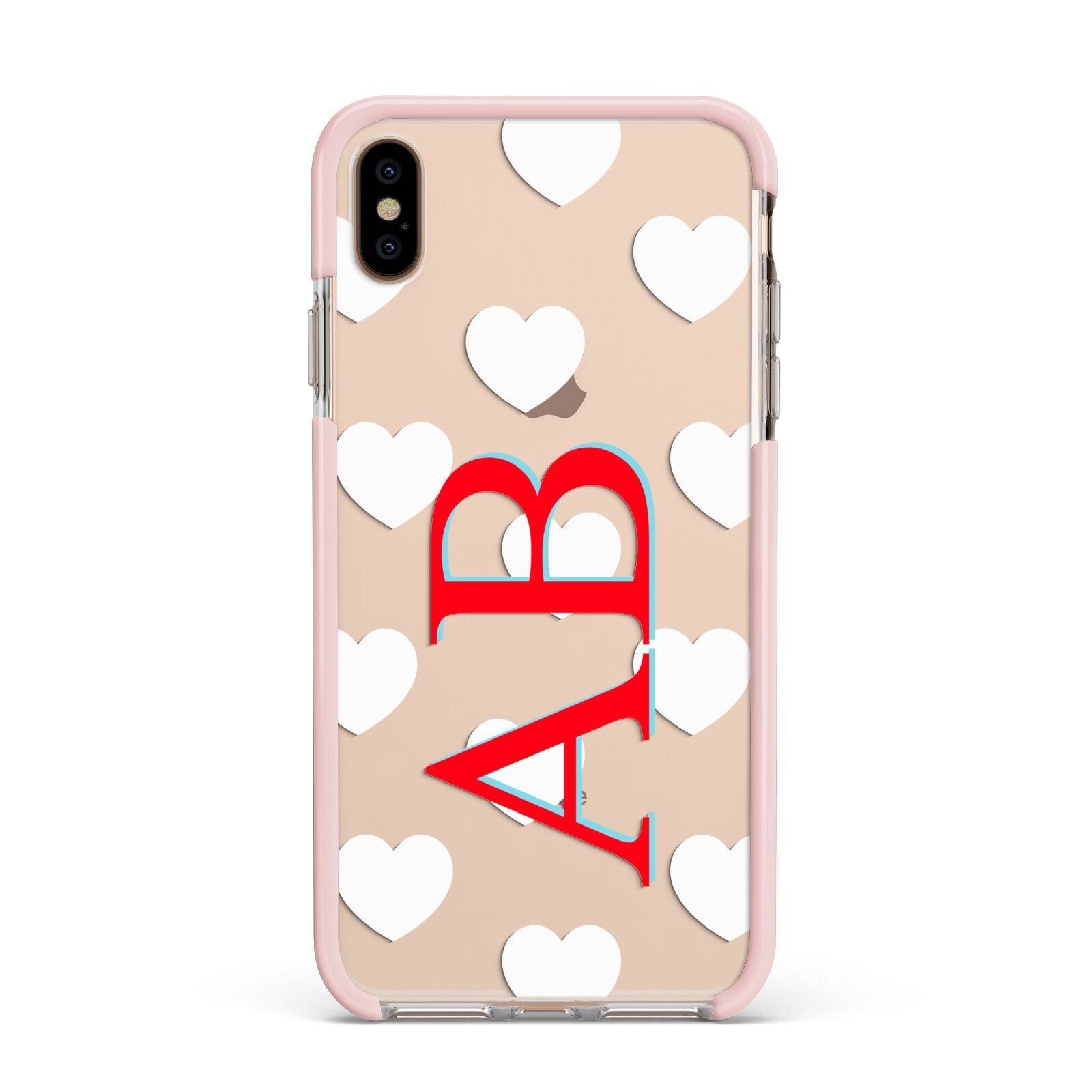 Heart Print Initials Apple iPhone Xs Max Impact Case Pink Edge on Gold Phone