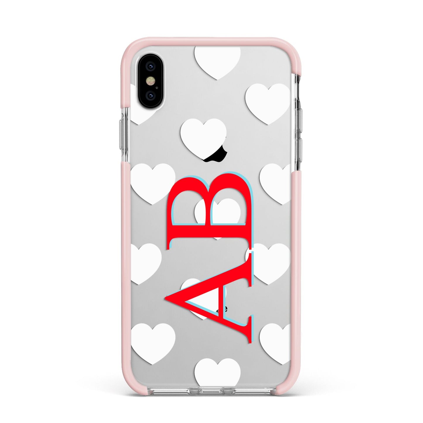 Heart Print Initials Apple iPhone Xs Max Impact Case Pink Edge on Silver Phone