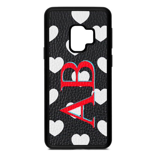 Heart Print Initials Black Pebble Leather Samsung S9 Case