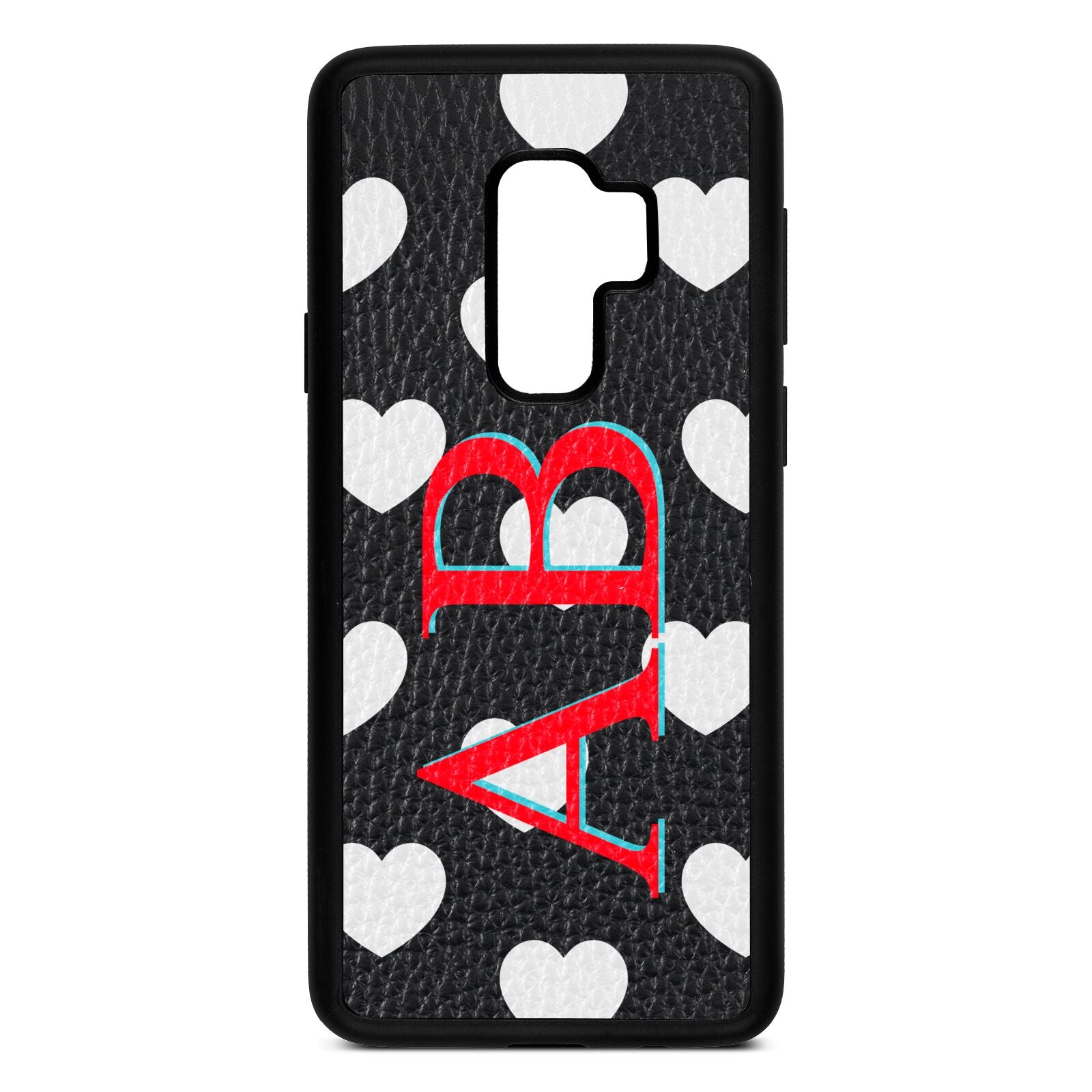 Heart Print Initials Black Pebble Leather Samsung S9 Plus Case