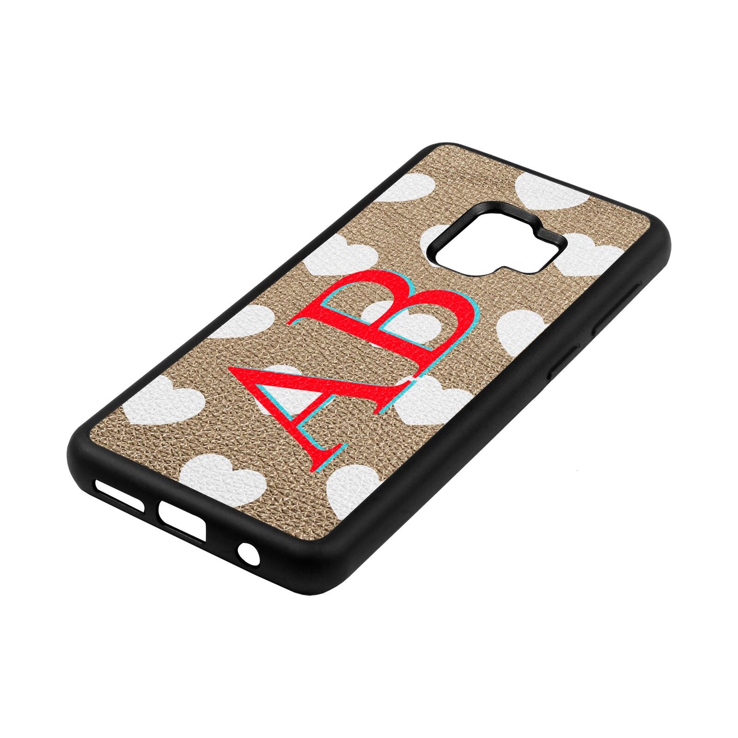 Heart Print Initials Gold Pebble Leather Samsung S9 Case Side Angle