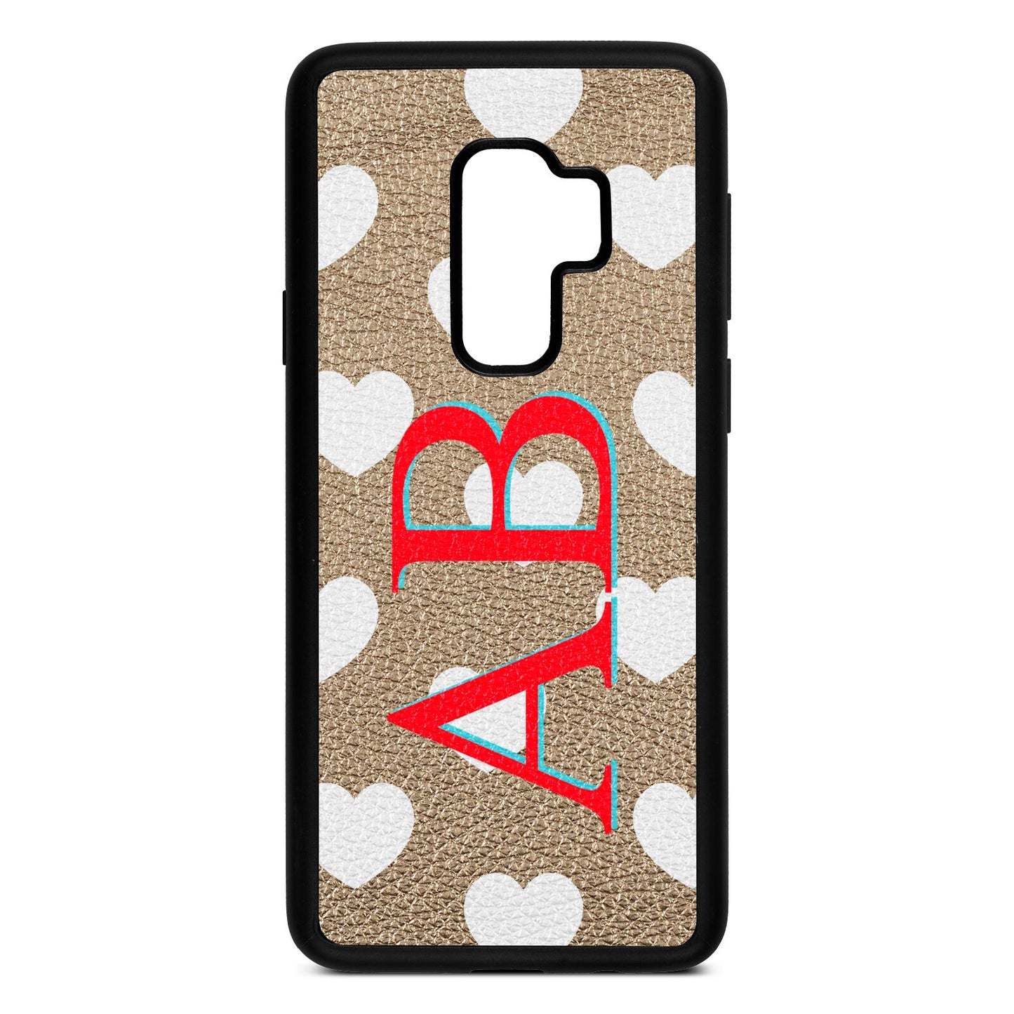 Heart Print Initials Gold Pebble Leather Samsung S9 Plus Case